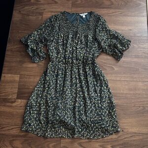 lauren Conrad Floral Smocked Dress with Ruffle Sleeves gold detail